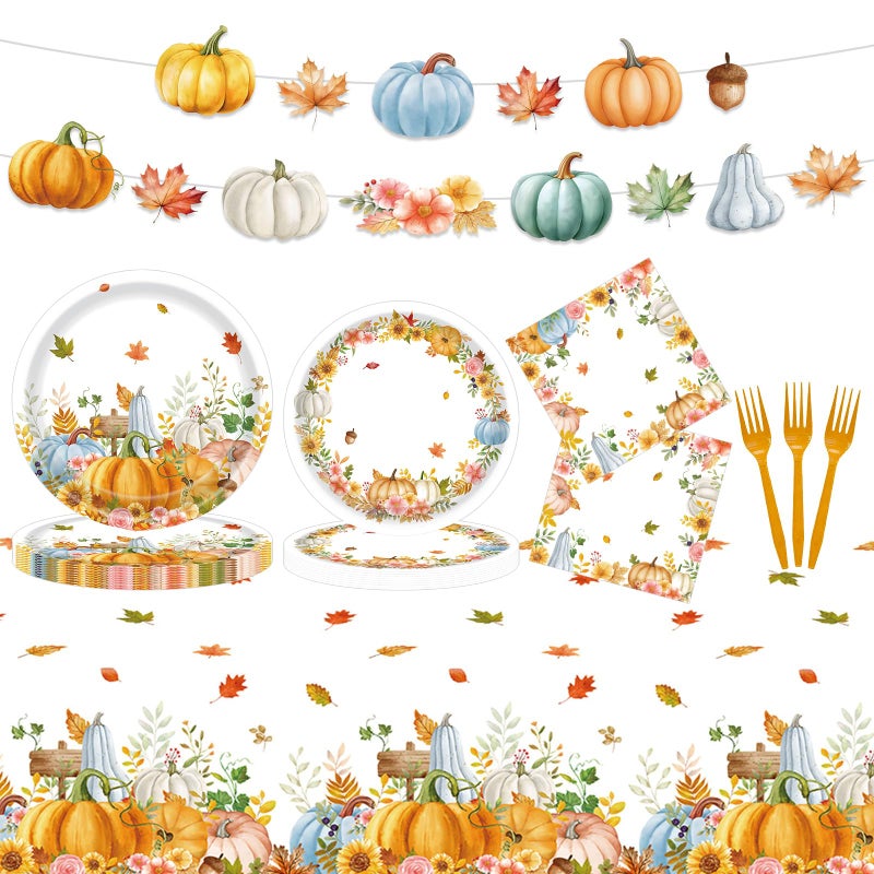 Teeloray 99 Pcs Fall Thanksgiving Plates and Napkins Party Supplies, Autumn Watercolor Pumpkin Leaves Disposable Tableware Set with Banner Tablecloth, Fall Decor Harvest Party Decorations for Table, Serves 24 - Image 1